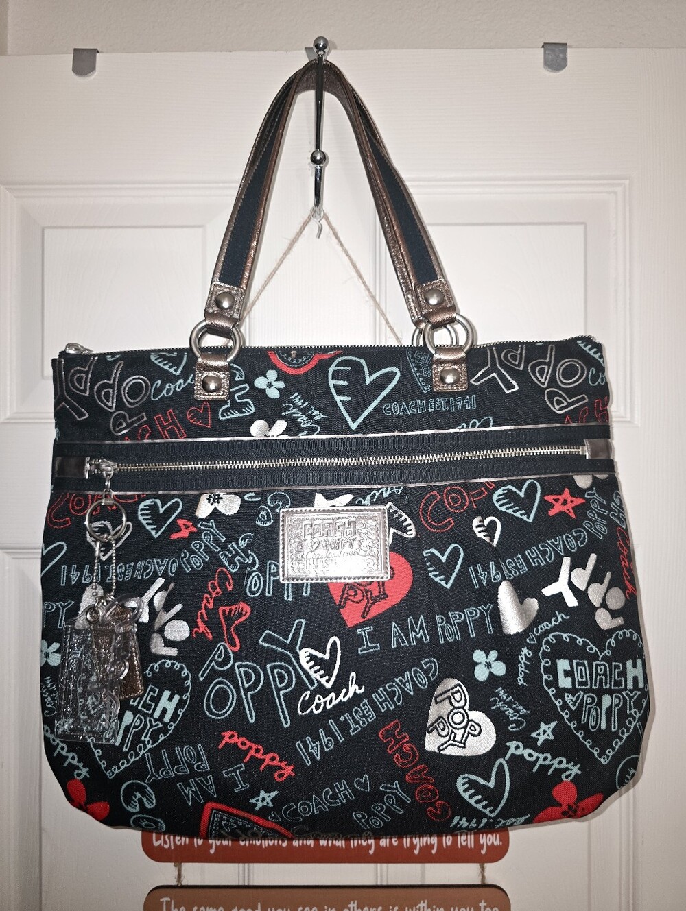 Coach Poppy Glam Tote In Grafitti Heart Print